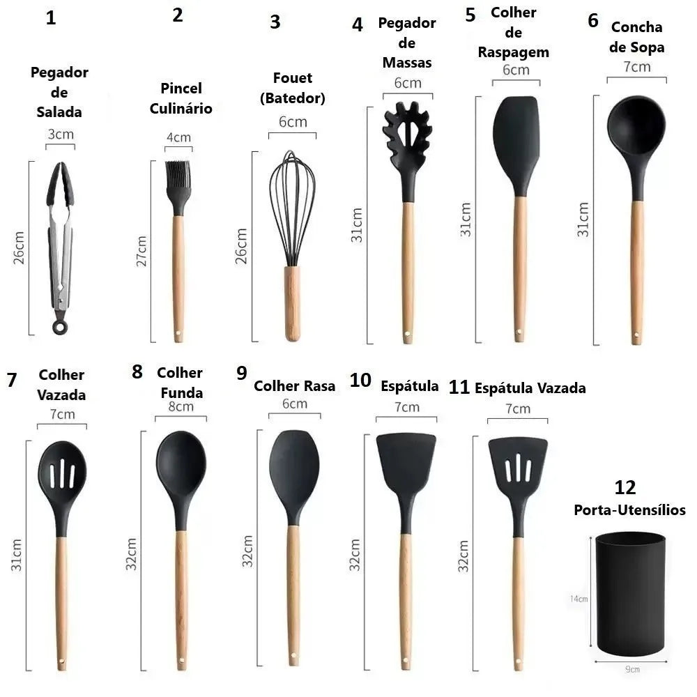 Kit Com 12 Peças De Cozinha Antiaderentes De Silicone E Cabo De Madeira