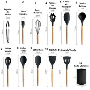 Kit Com 12 Peças De Cozinha Antiaderentes De Silicone E Cabo De Madeira