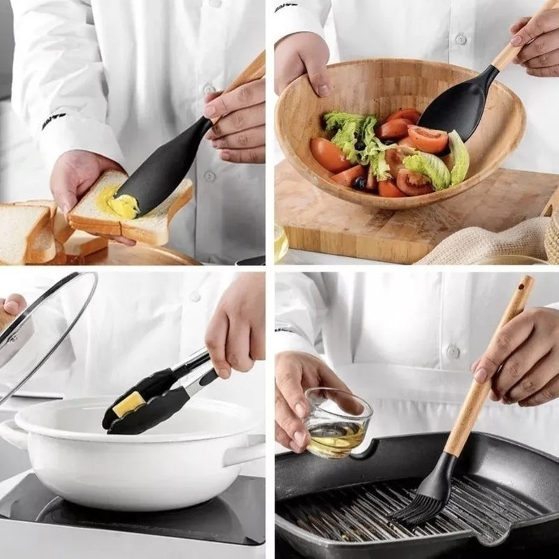 Kit Com 12 Peças De Cozinha Antiaderentes De Silicone E Cabo De Madeira