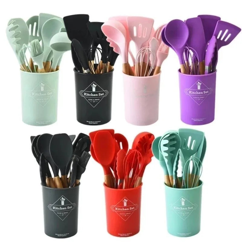 Kit Com 12 Peças De Cozinha Antiaderentes De Silicone E Cabo De Madeira
