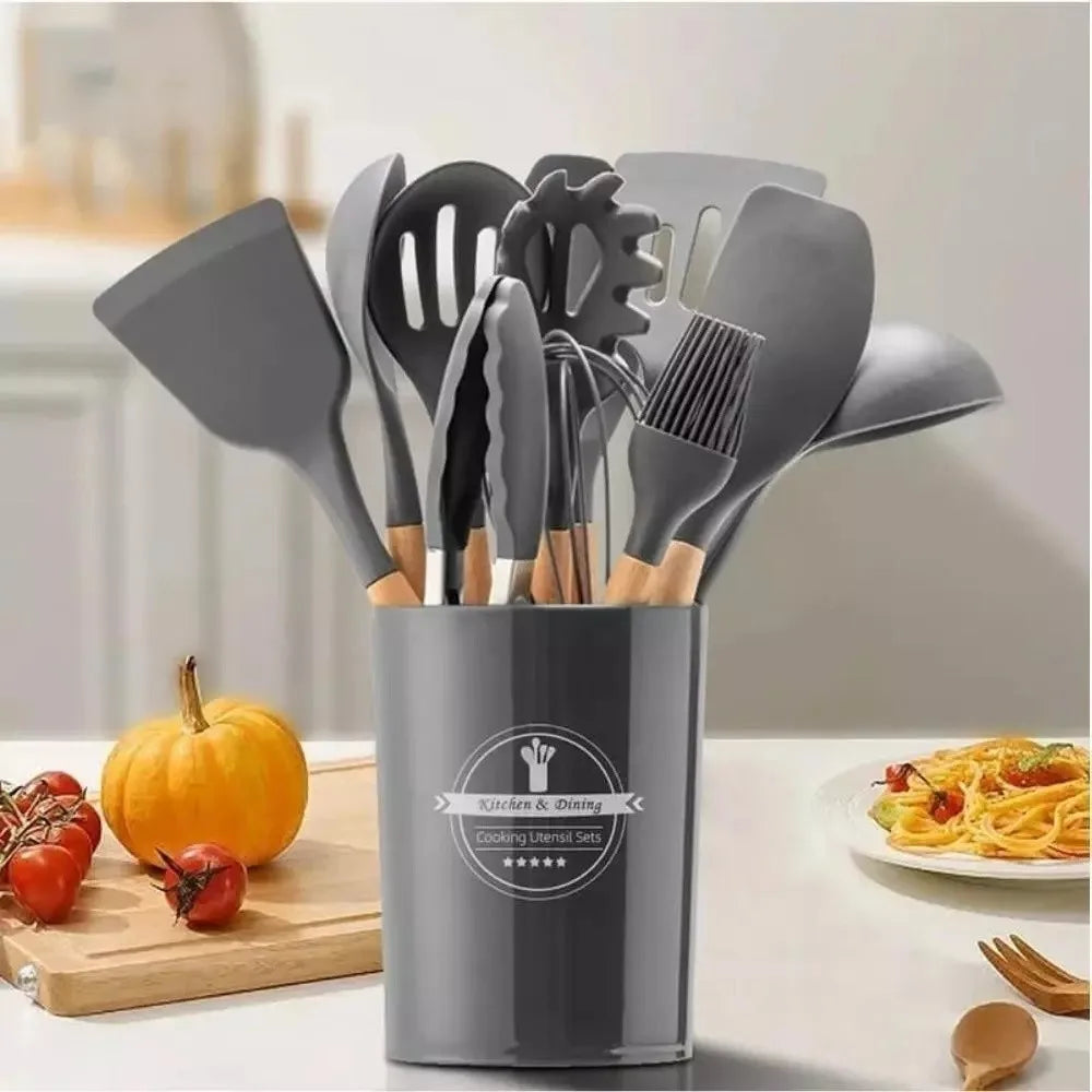 Kit Com 12 Peças De Cozinha Antiaderentes De Silicone E Cabo De Madeira