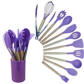 Kit Com 12 Peças De Cozinha Antiaderentes De Silicone E Cabo De Madeira