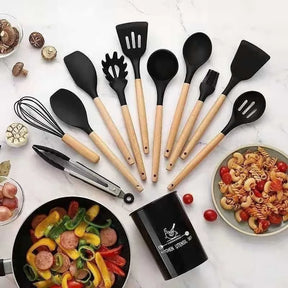 Kit Com 12 Peças De Cozinha Antiaderentes De Silicone E Cabo De Madeira