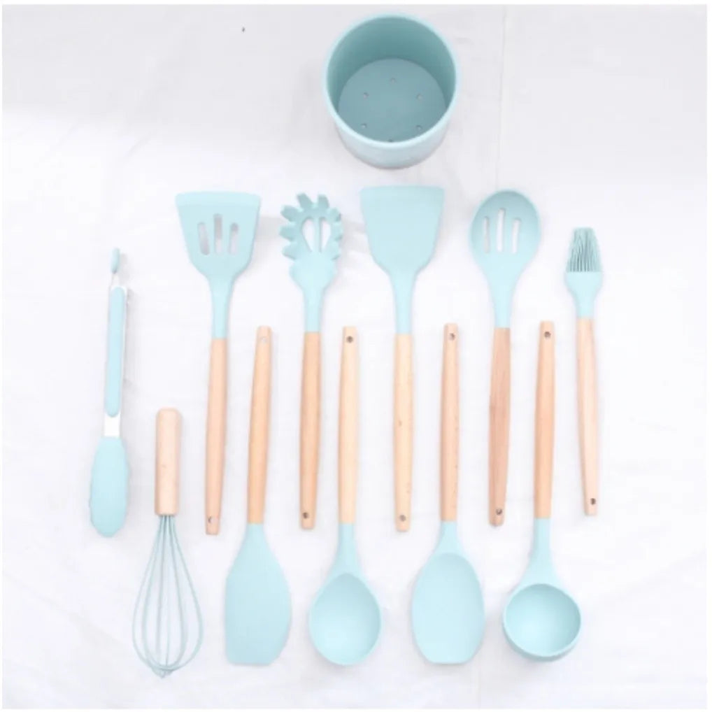 Kit Com 12 Peças De Cozinha Antiaderentes De Silicone E Cabo De Madeira