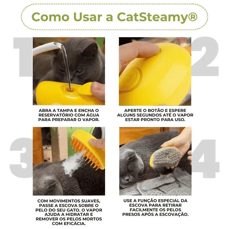 Escova a Vapor Recarregável 3 em 1 para Gatos – Limpeza Profunda e Conforto em Um Só Produto